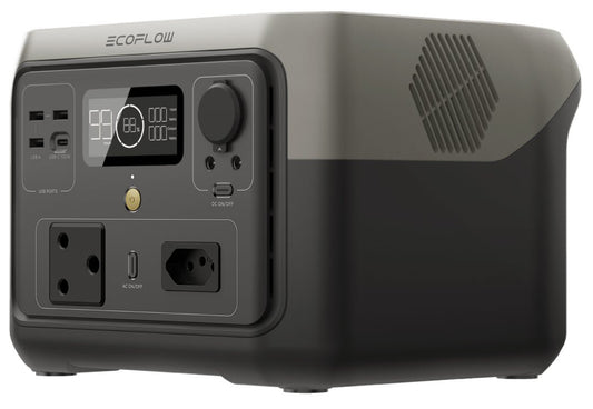 EcoFlow power station with multiple outlets and a display on a white background