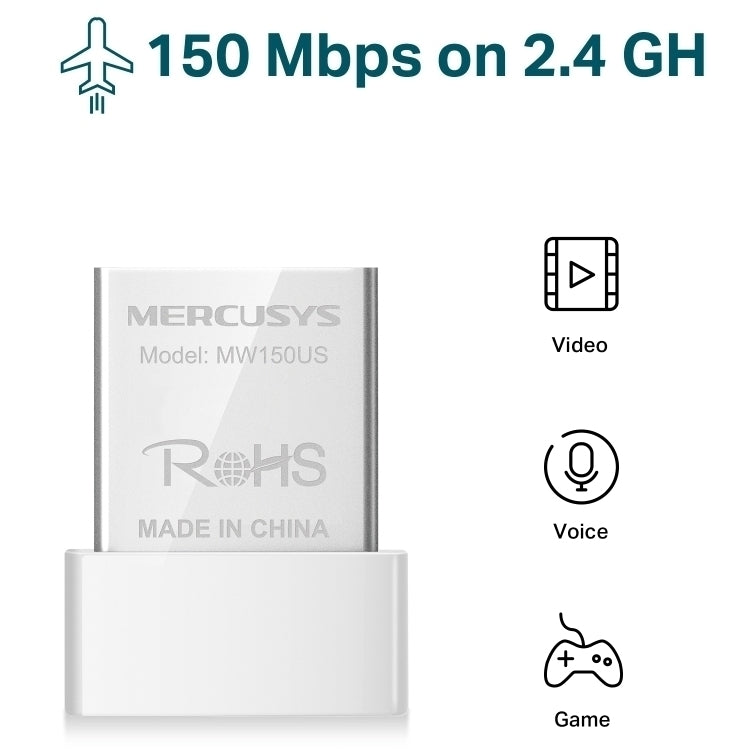 Mercusys MW150US feature highlights showing 150 Mbps Wi-Fi speed, miniature size, plug and play setup, and Windows 11 support.
