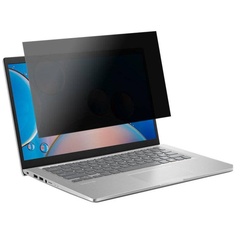 Laptop with a privacy screen filter on a white background