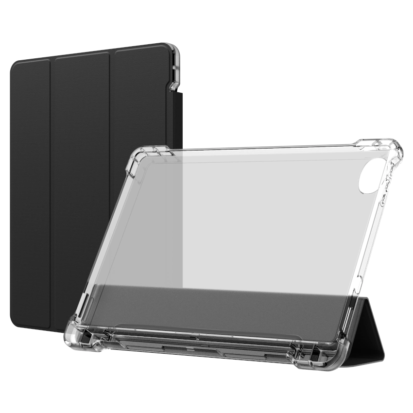 Clear tablet case with black interior on a white background