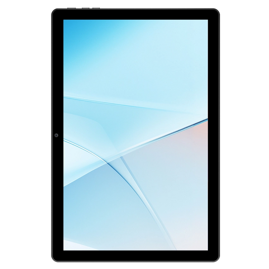 Tablet with a blue and white abstract design on the screen against a white background