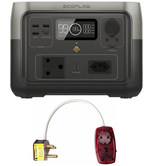 EcoFlow power station with connectors on a white background and surge protection plug
