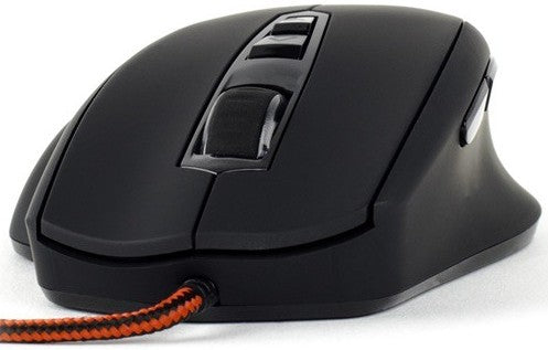 Black gaming mouse with orange cable on a white background