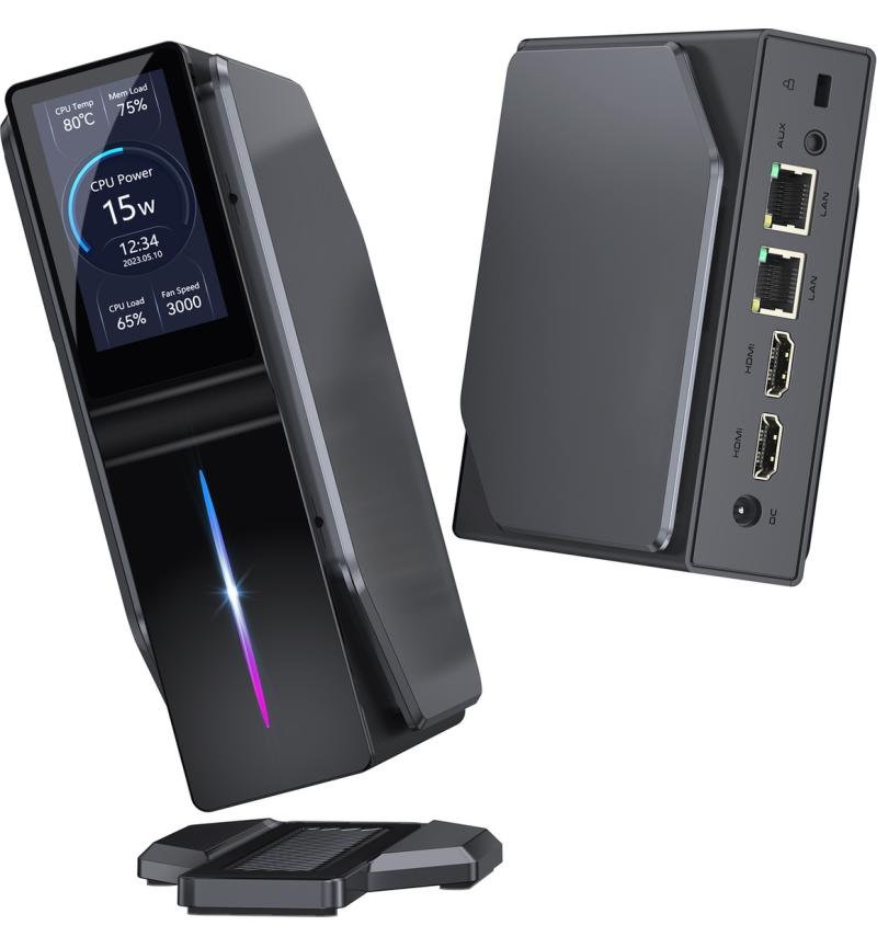 Mini PC Intel N95, 16GB RAM, and 512GB SSD. Dual HDMI, dual LAN, LCD panel, and Windows 11 Pro