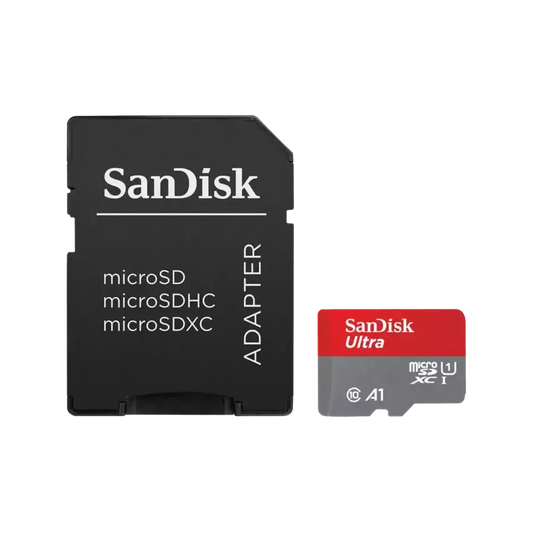 SanDisk microSD adapter and microSDXC Ultra card set on a plain white background, with the adapter on the left and the card on the right.