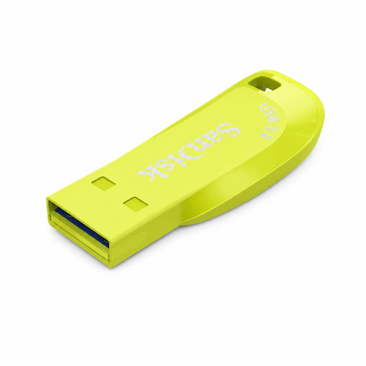 A SanDisk USB Ultra Shift flash drive in a bright yellow color, shown at an angle on a clean white background.