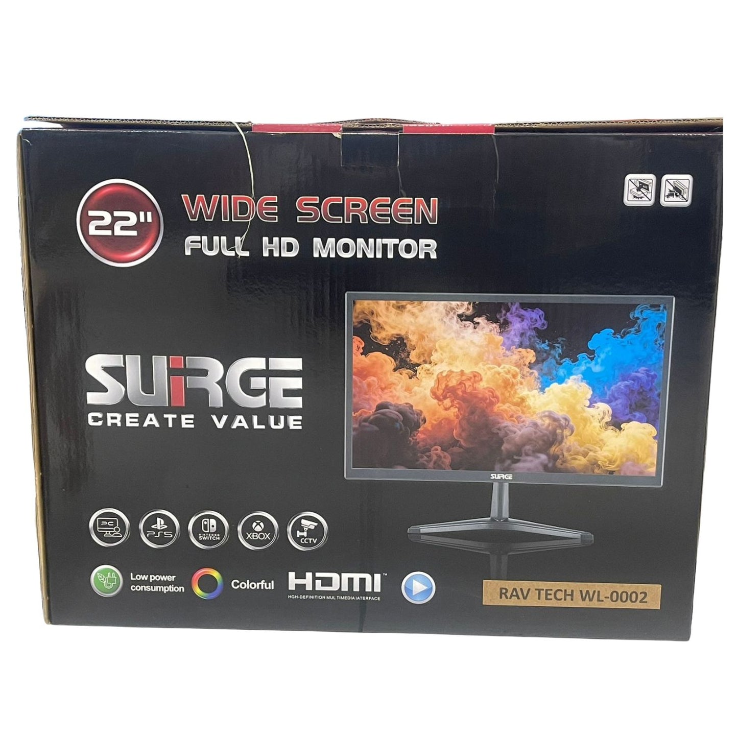 Box of a 22-inch wide screen full HD monitor with 'Surge' branding.