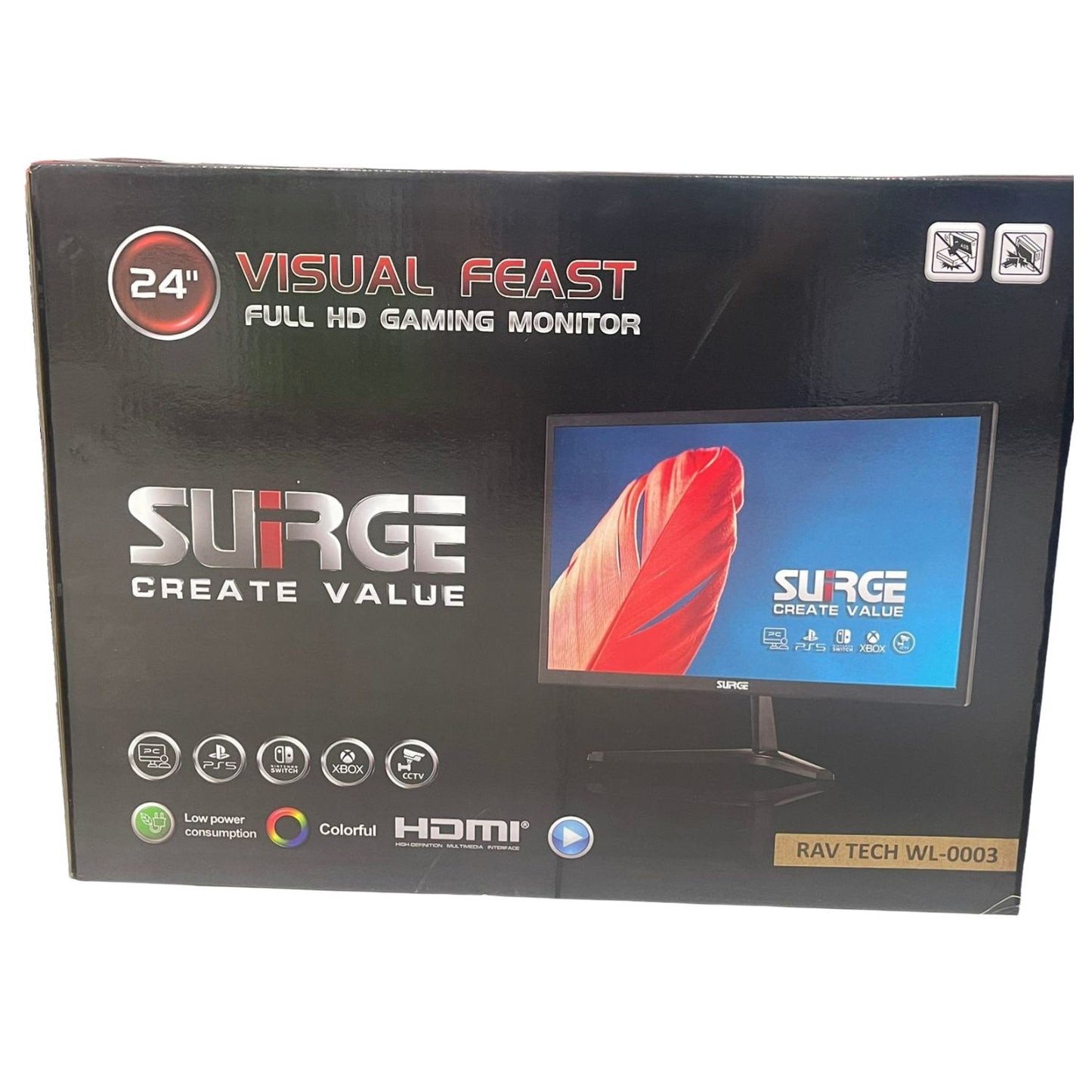 Box of Surge Full HD Gaming Monitor with monitor image on packaging