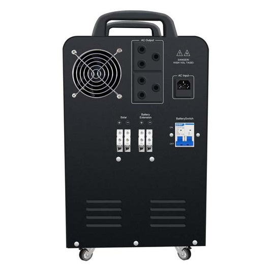 Black portable power station with various ports and labels on a white background