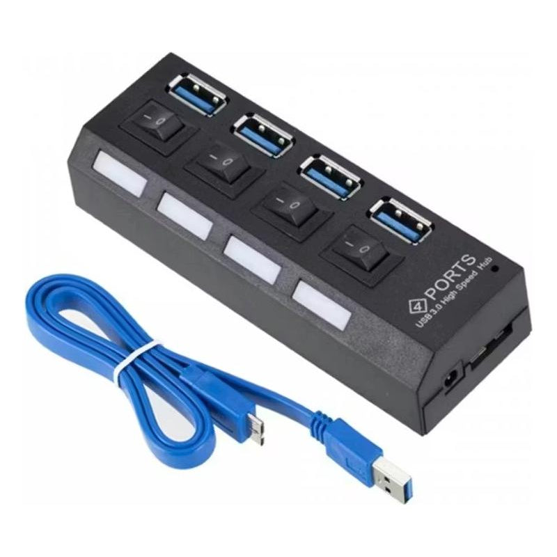 Black USB 3.0 hub with multiple ports on a white background