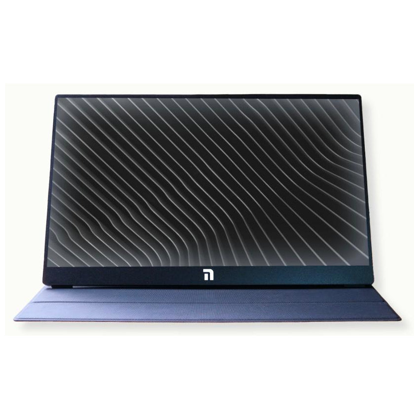 Front view of the Novus 15.6" FHD IPS Portable Monitor in leather cover stand