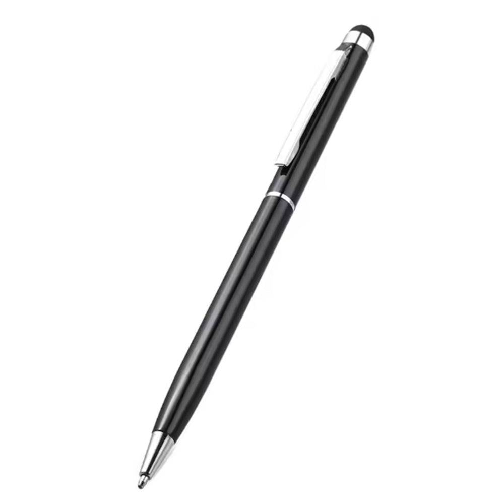MicroWorld 2-in-1 capacitive stylus and ballpoint pen for mobile devices — black, 0.7mm tip.