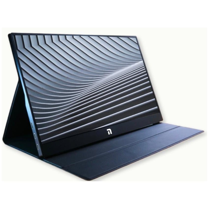 Left side angle view of the Novus 15.6" Portable Screen displaying ports and leather cover stand on a white background