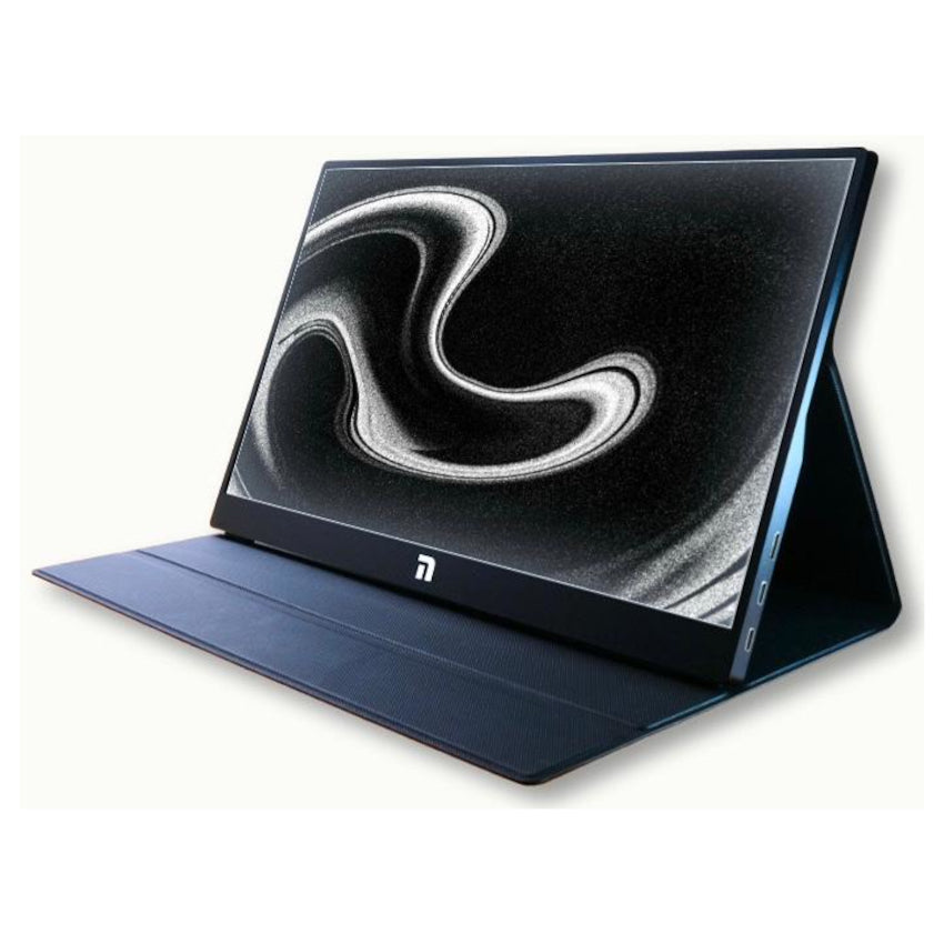 Right side angle view of the Novus 15.6" Portable Screen displaying ports and leather cover stand on a white background