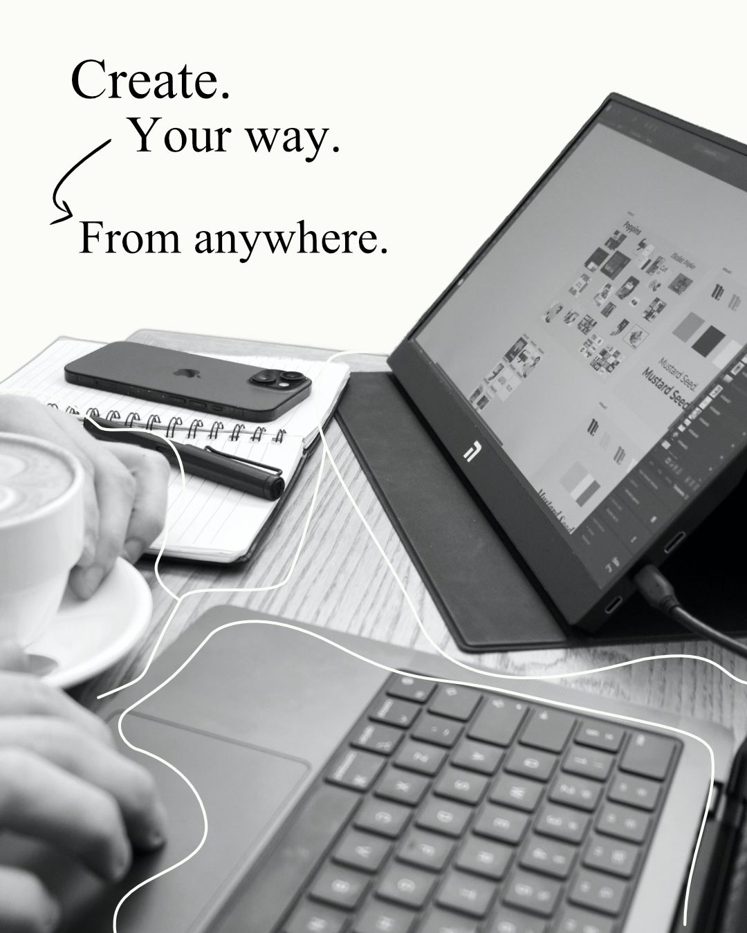 Novus 15.6 inch FHD IPS Portable Monitor being used as a second screen with a laptop in a cafe setting for remote work productivity.