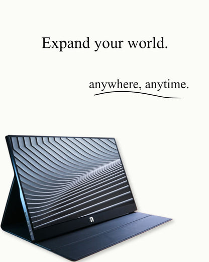The Novus 15.6 inch Portable Monitor featuring a sleek, ultra-slim design and a professional magnetic leather cover that functions as a multi-angle folding stand.