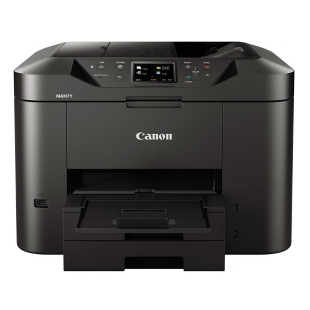 Front view of the Canon Maxify MB2740 all-in-one printer with the control panel and touchscreen.

