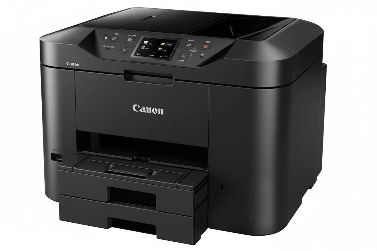 The printer with its front tray open, showing the paper path.

