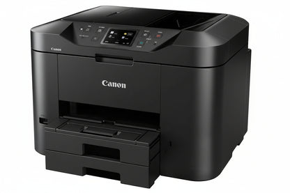 The printer with its front tray open, showing the paper path.

