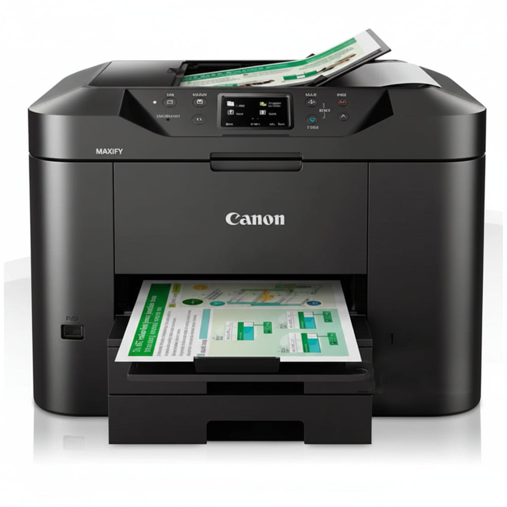 The printer's rear panel showing Ethernet, USB, and fax line ports.

