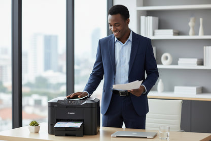 A smartphone displaying the Canon PRINT app next to the MB2740 printer.

