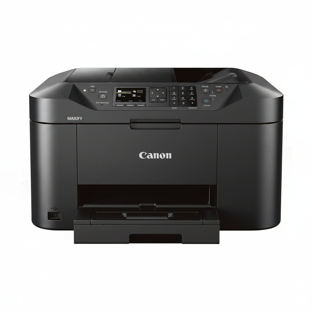 Front view of the Canon Maxify MB2140 all-in-one printer on a desk.

