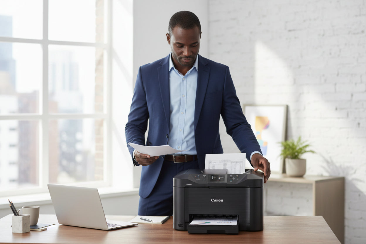 Side view showing the 250-sheet front paper input cassette.

