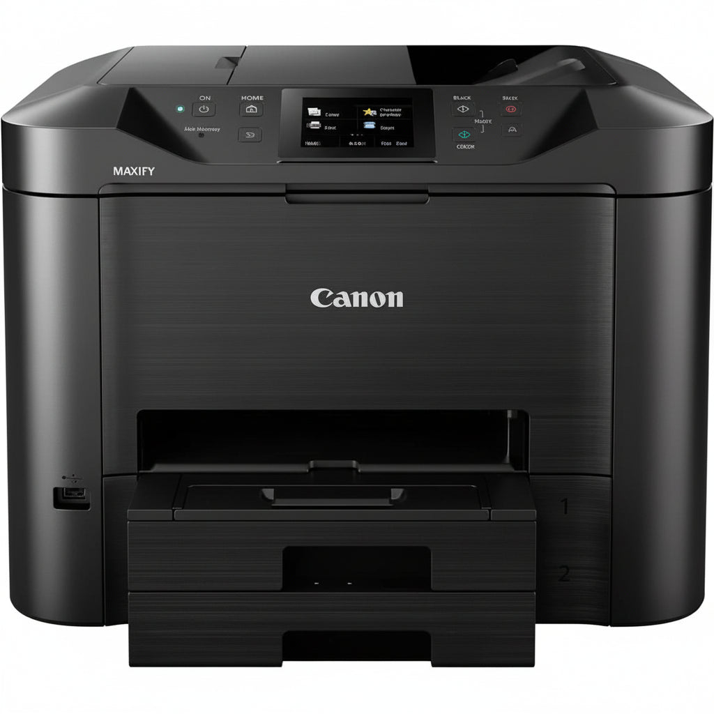 Front view of the Canon Maxify MB5440 printer with its colour touchscreen and dual paper trays.

