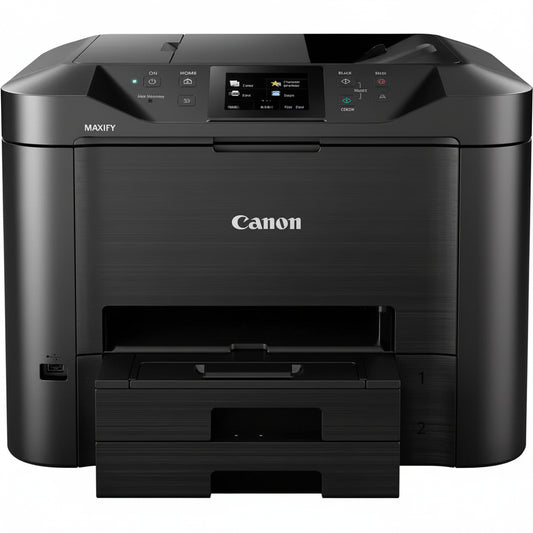 Front view of the Canon Maxify MB5440 printer with its colour touchscreen and dual paper trays.

