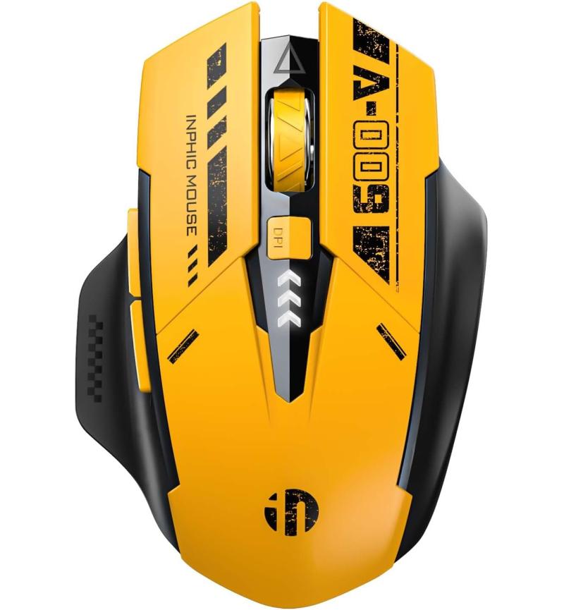 Top view of a yellow and black Inphic A9 wireless gaming mouse with a central DPI button and textured scroll wheel.
