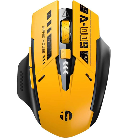 Top view of a yellow and black Inphic A9 wireless gaming mouse with a central DPI button and textured scroll wheel.