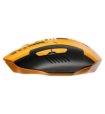 Side view of the yellow Inphic A9 gaming mouse showing side buttons labeled G1 and G2 and vent-style detailing.