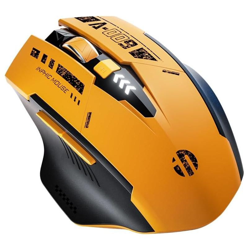 Angled view of the yellow Inphic A9 gaming mouse highlighting the DPI button, scroll wheel, and ergonomic side grip.