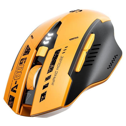 Angled right-side view of the yellow Inphic A9 gaming mouse showing multiple buttons and black textured grip area