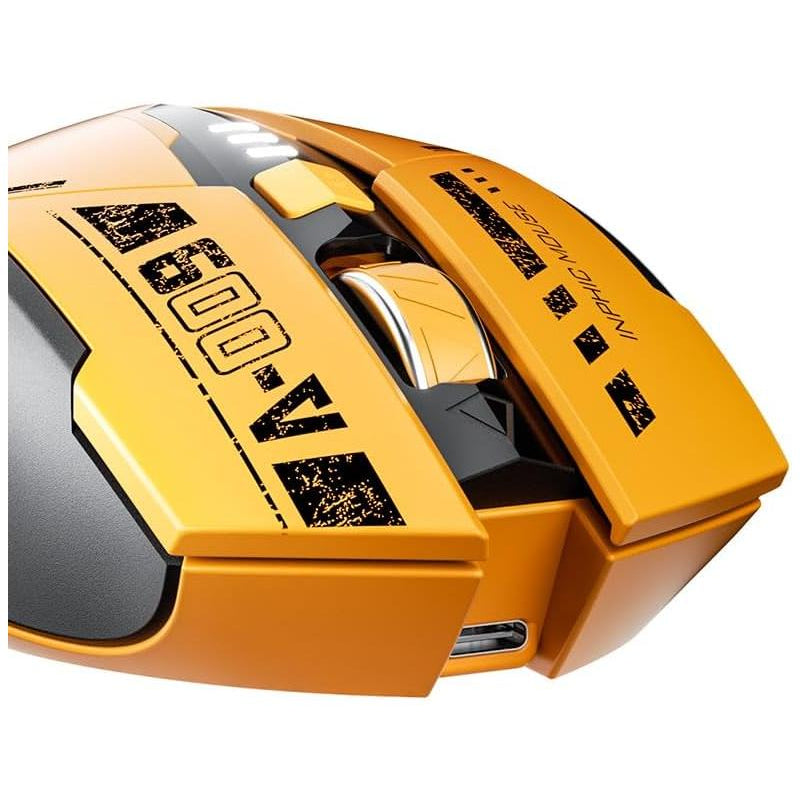 Close-up of the yellow Inphic A9 gaming mouse showing the scroll wheel, DPI button, and front design details.
