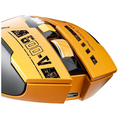 Close-up of the yellow Inphic A9 gaming mouse showing the scroll wheel, DPI button, and front design details.