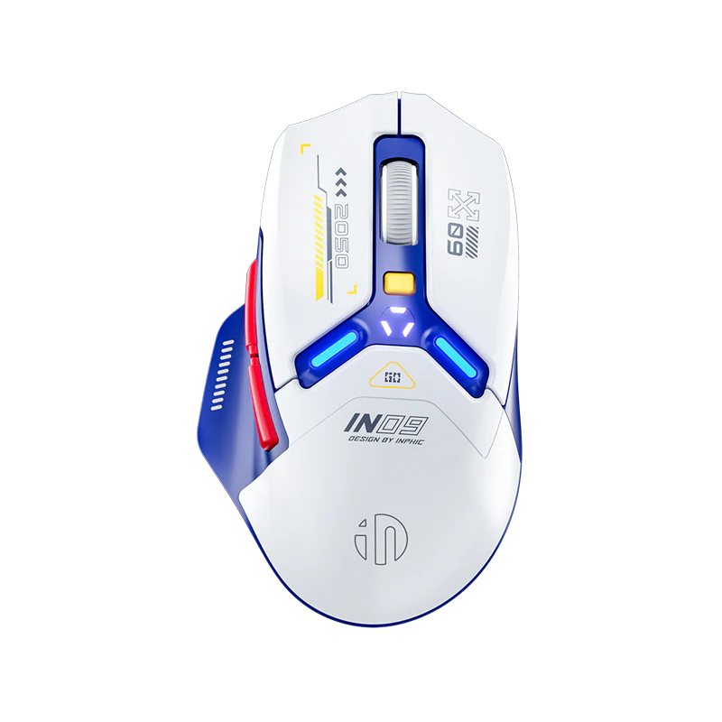 Top view of the Inphic IN09 gaming mouse in white and blue with RGB lighting accents.