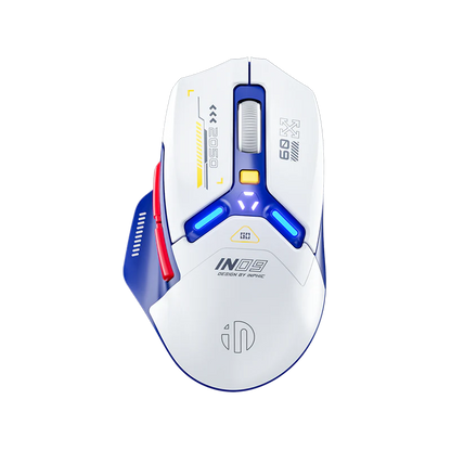Top view of the Inphic IN09 gaming mouse in white and blue with RGB lighting accents.