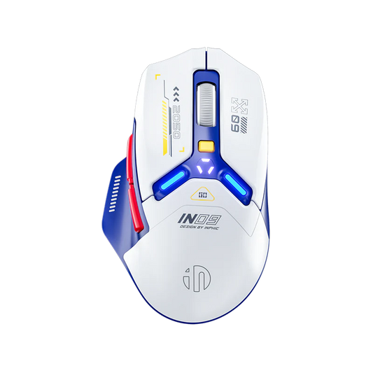 Top view of the Inphic IN09 gaming mouse in white and blue with RGB lighting accents.