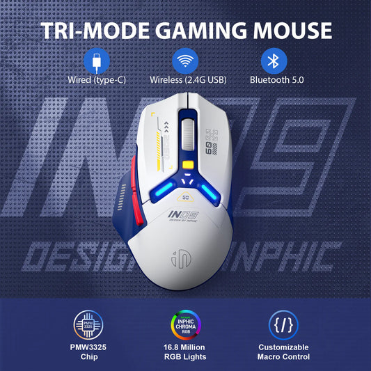 Inphic IN09 gaming mouse displayed with icons showing wired Type-C, 2.4G wireless, and Bluetooth 5.0 modes.
