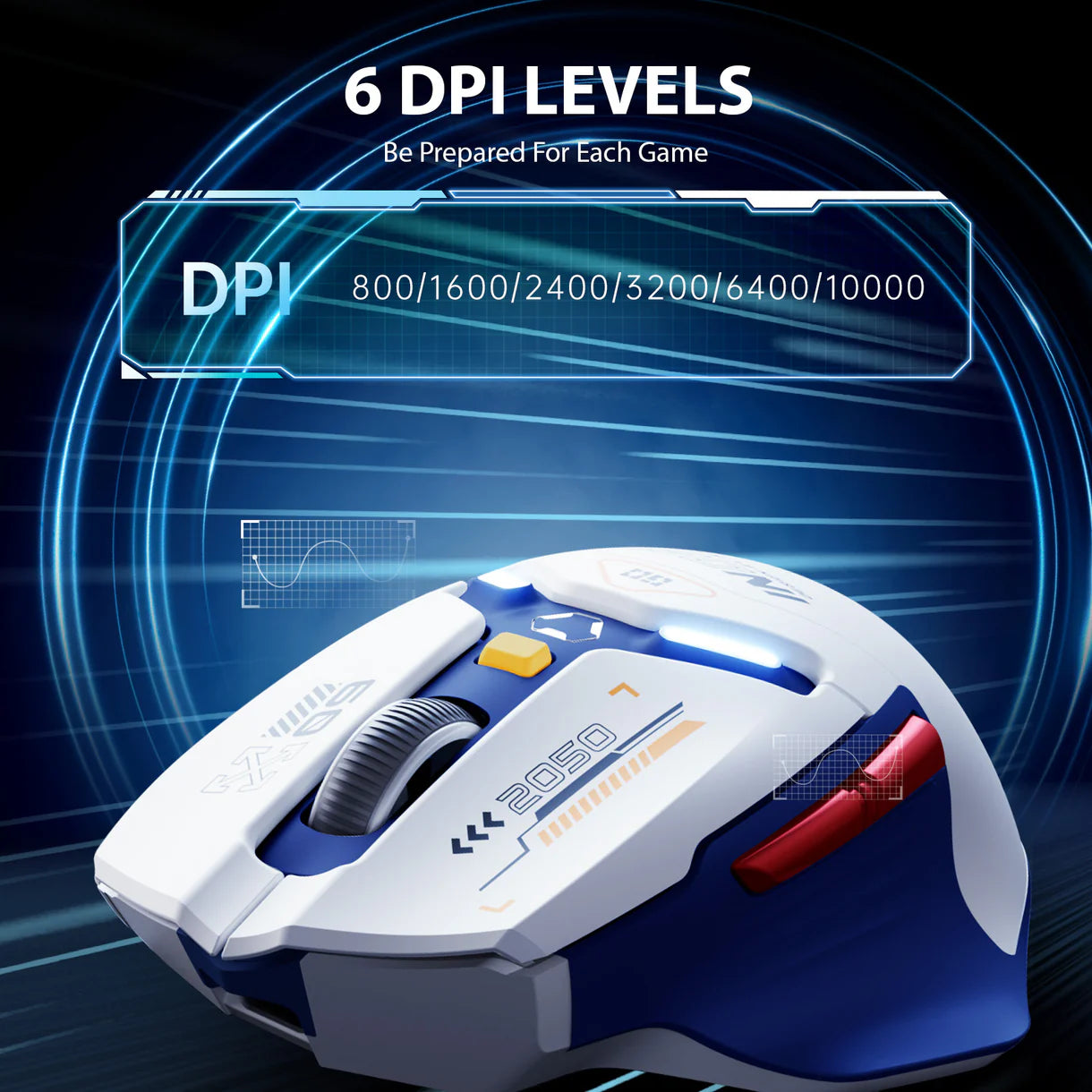 Close-up of the Inphic IN09 gaming mouse showing DPI adjustment options from 800 to 10 000