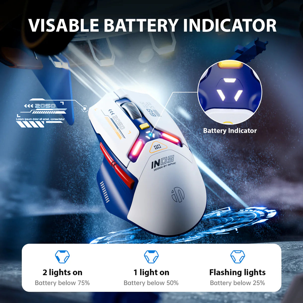 Inphic IN09 gaming mouse shown with illuminated battery indicator and icons for battery level status.