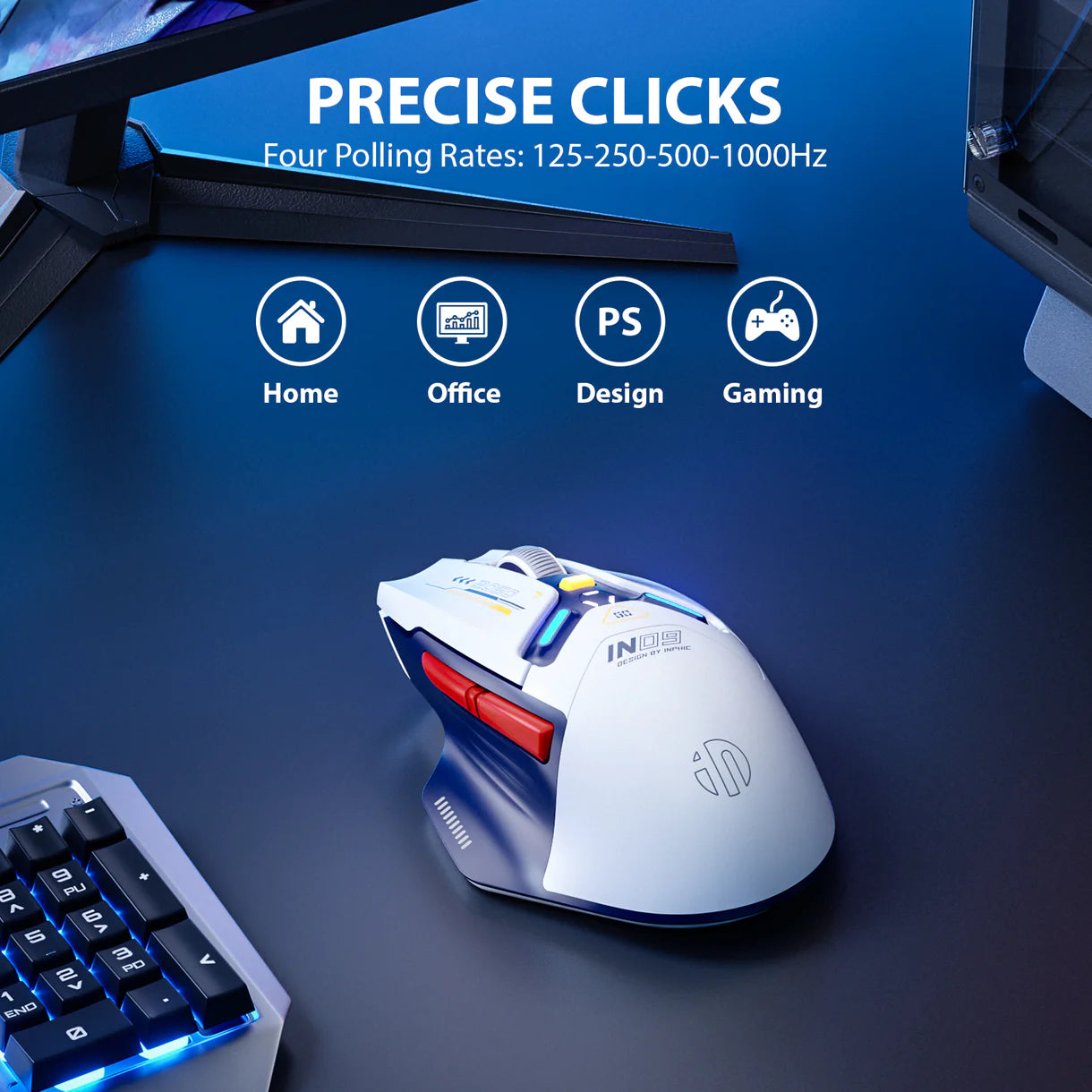 Inphic IN09 gaming mouse on a desk setup, highlighting polling rates for home, office, design, and gaming use.