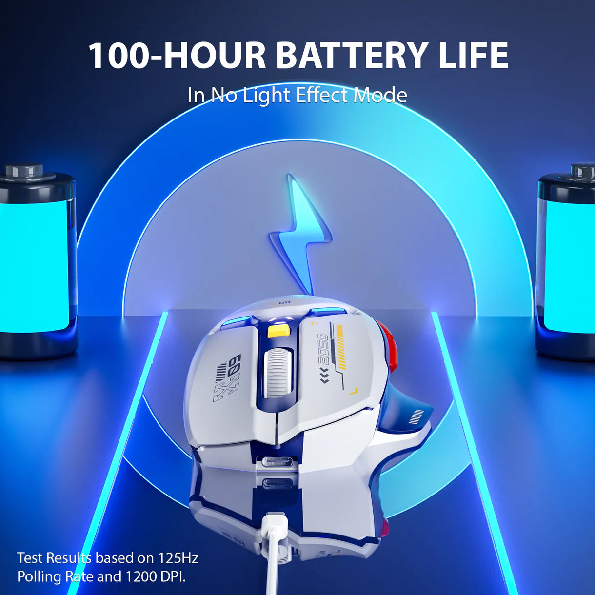 Inphic IN09 gaming mouse connected via cable with blue lighting effects illustrating battery life.