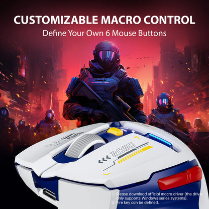 Inphic IN09 gaming mouse with a background of futuristic soldiers, showing customizable macro button controls.