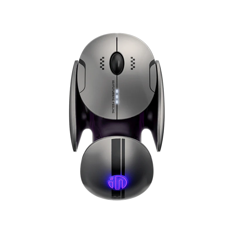 Top view of the Inphic X2 Multi-Mode Wireless Mouse in metallic grey featuring ergonomic design and LED lighting