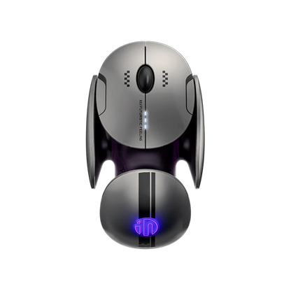 Top view of the Inphic X2 Multi-Mode Wireless Mouse in metallic grey featuring ergonomic design and LED lighting