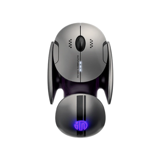 Top view of the Inphic X2 Multi-Mode Wireless Mouse in metallic grey featuring ergonomic design and LED lighting