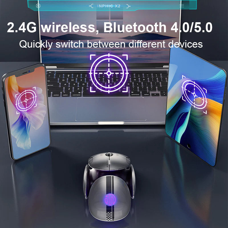 Inphic X2 Wireless Mouse shown with a laptop and smartphones, demonstrating 2.4G and Bluetooth 4.0/5.0 multi-device connectivity.