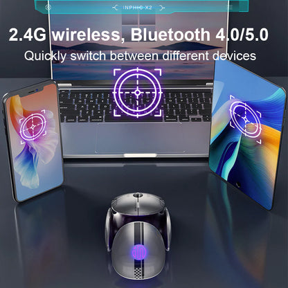 Inphic X2 Wireless Mouse shown with a laptop and smartphones, demonstrating 2.4G and Bluetooth 4.0/5.0 multi-device connectivity.